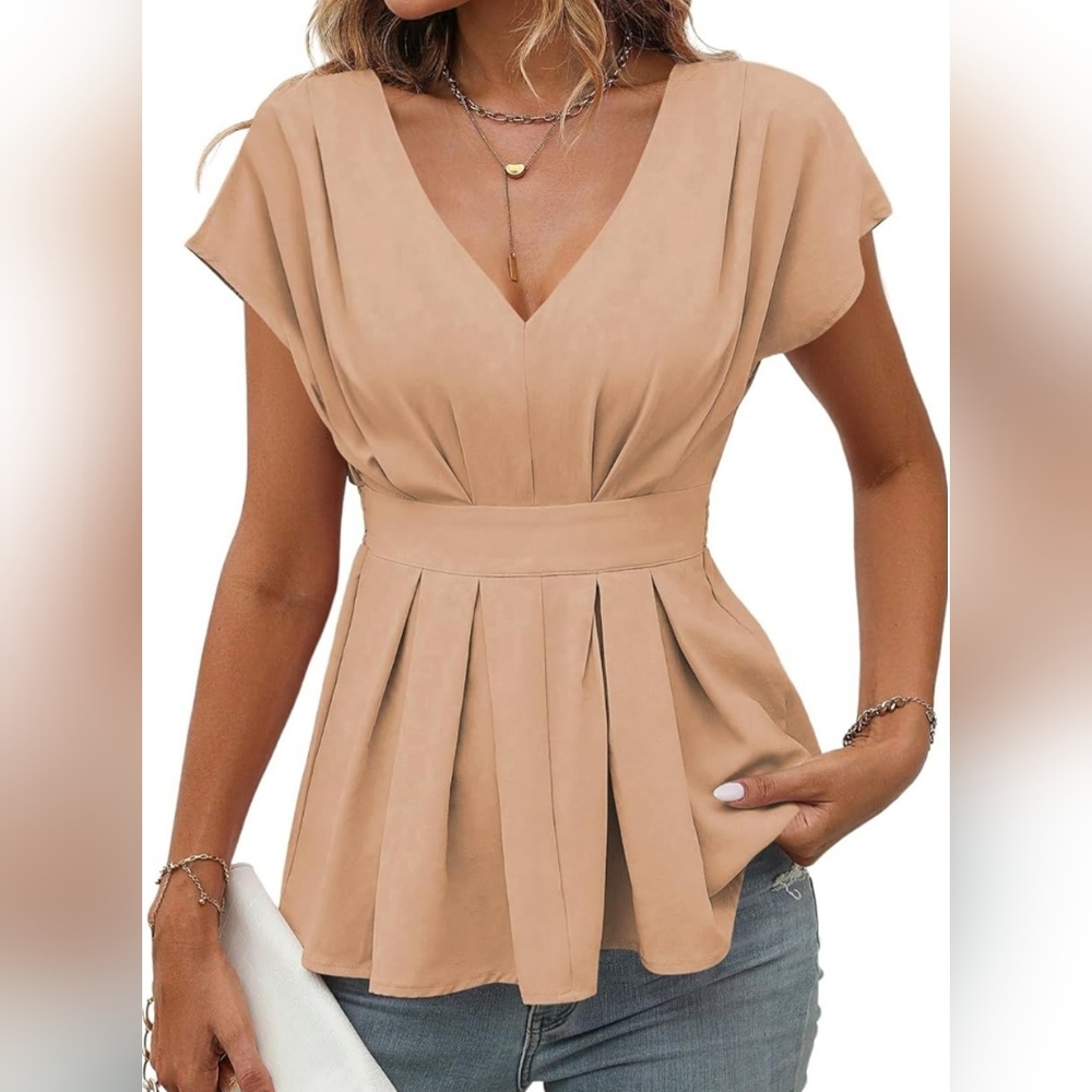 SweatyRocks Women's Summer V Neck Fold Pleated Ruffle Hem Blouse Peplum Top